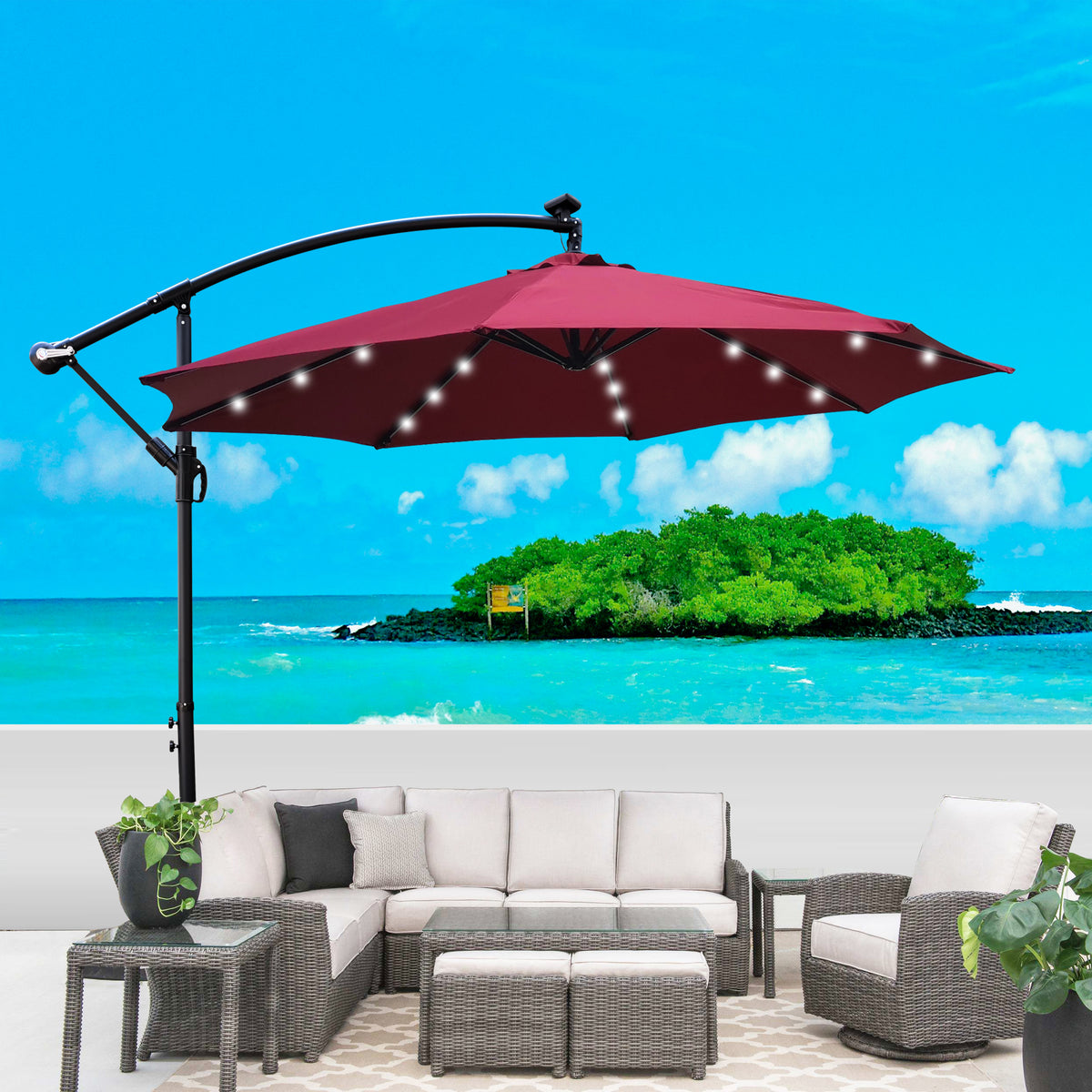 10 ft Outdoor Patio Umbrella Solar Powered LED Lighted Sun Shade Market Waterproof 8 Ribs Umbrella with Crank and Cross Base for Garden Deck Backyard Pool Shade Outside Deck Swimming Pool W65627956-djyc