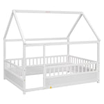 Full Size Floor Wooden Bed with House Roof Frame, Fence Guardrails,White W1858123986-djyc