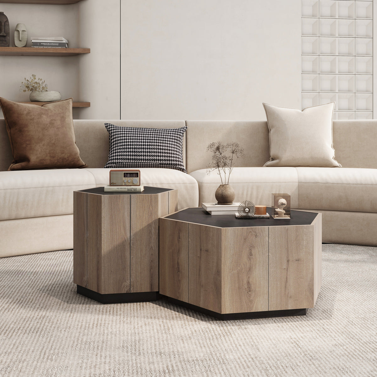 Hexagonal Rural Style Garden Retro Living Room Coffee Table with 2 drawers, Textured Black + Warm Oak W88194499-djyc