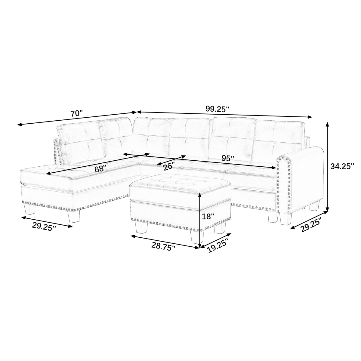 Sectional 3-Seaters Sofa , reversible recliner, Storage pad and wood grain cup holder, Non-slip leg, pu, black W487S00241-djyc