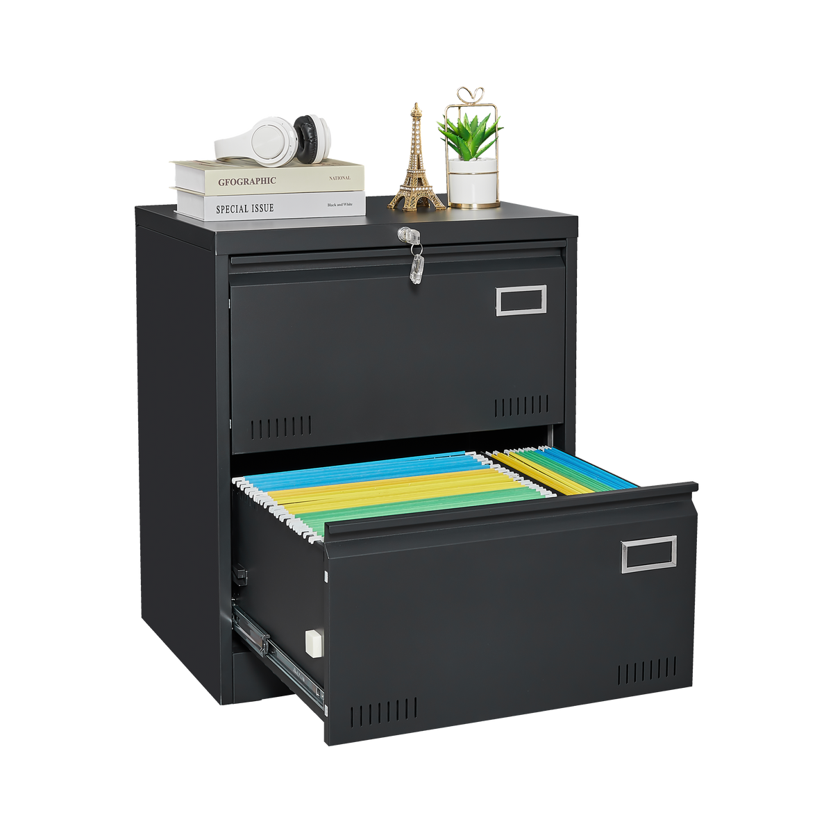 2 Drawer Metal Lateral File Cabinet with Lock,Office Vertical Files Cabinet for Home Office/Legal/Letter/A4,Locking Metal File Cabinet,Assembly Required (Black,with 2 Drawer) W1247P160450-djyc