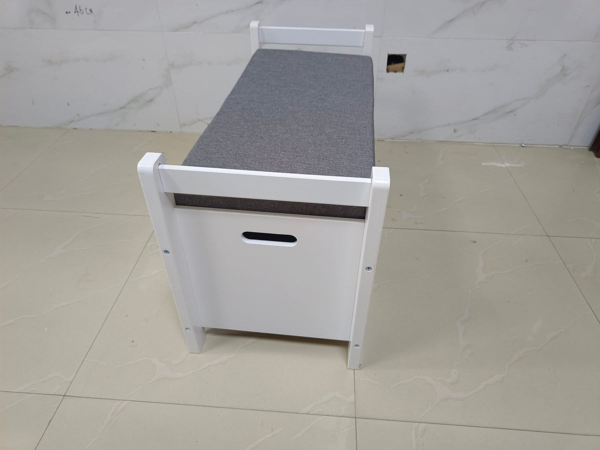 Kids Toy Box Chest, White Rubber Wood Toy Box for Boys Girls, Large Storage Cabinet with Cushion Seat Bench/Flip-Top Lid/Safety Hinge, Toy Storage Organizer Trunk for Nursery, Playroom W808P166755-djyc