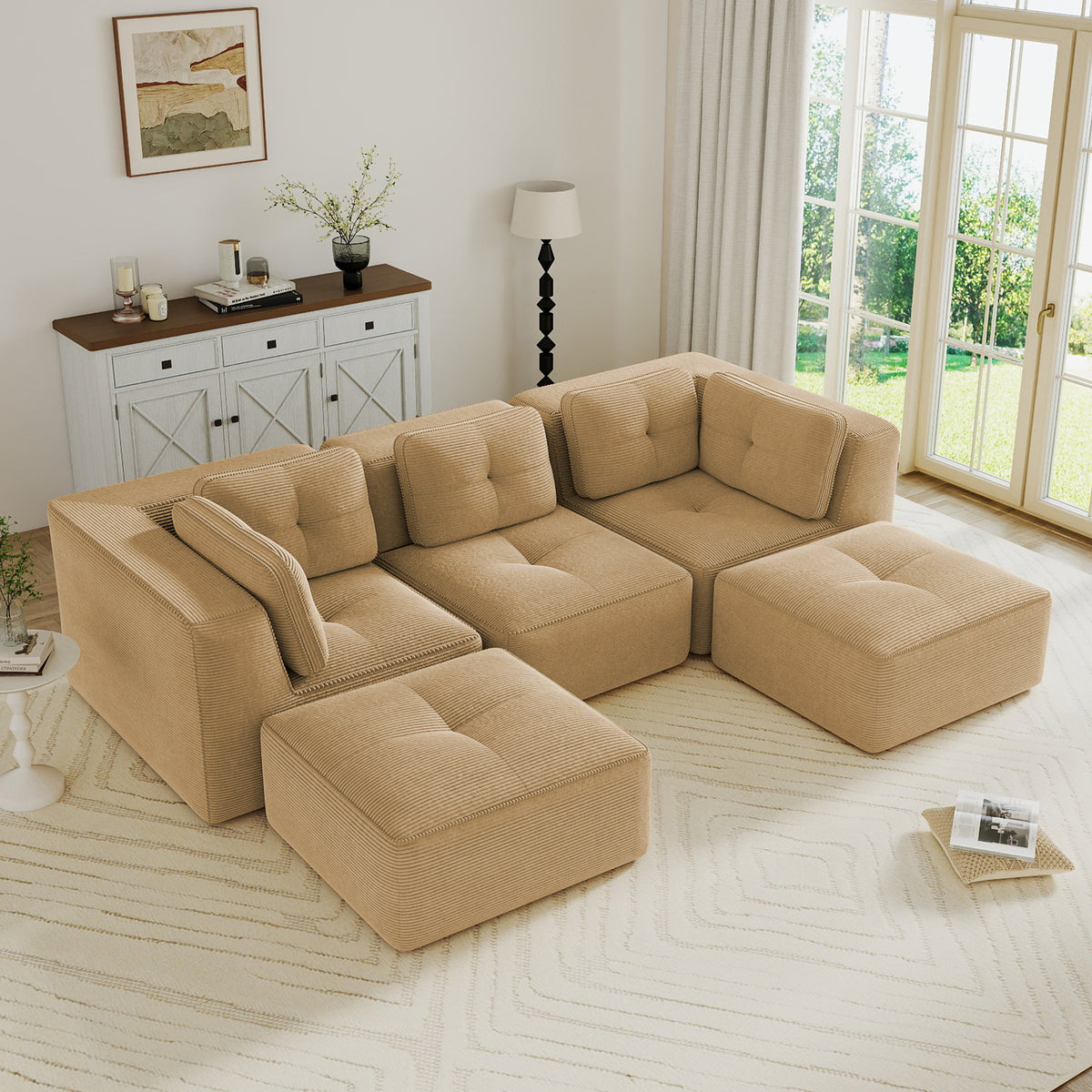 Modern U-Shaped Modular Sectional Sofa for Living Room, Corduroy Fabric,3-Seater Couch with Deep Seat and 2-Movable Ottoman,Pearl-like piping, Tufted Design, No Assembly, Anti-slip Design, Camel-W714S01785