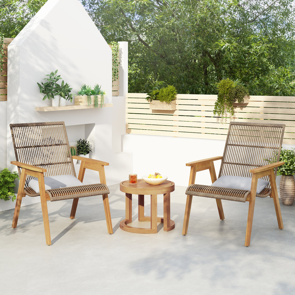 Outdoor Acacia Wood 3-Piece Lounge Set: 2 Cape Woven Wicker Lounge Chairs with Pillows + 18' Solid Side Table for Patio, Deck, Yard, Lawn, and Garden (Teak Finish + Natural Wicker + LightGrey Fabric N780P7316506-djyc