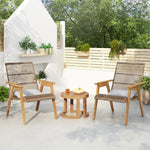 Outdoor Acacia Wood 3-Piece Lounge Set: 2 Cape Woven Wicker Lounge Chairs with Pillows + 18' Solid Side Table for Patio, Deck, Yard, Lawn, and Garden (Teak Finish + Natural Wicker + LightGrey Fabric N780P7316506-djyc