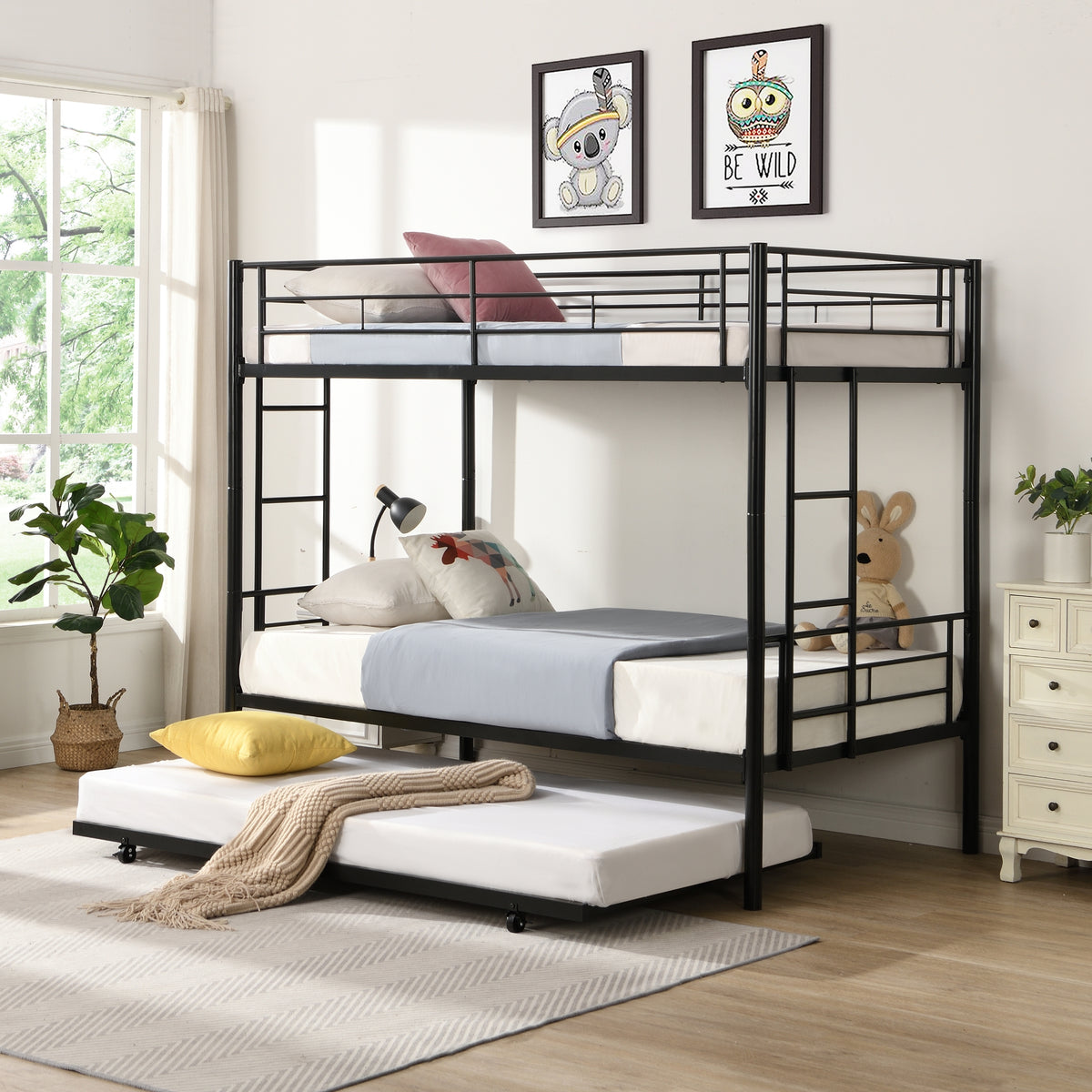 Over Twin Bunk Bed Frame with Trundle,Metal Bunkbed with Sturdy Guard Rail and 2 sideLadders for Kids/Adults,Can be Divided Into Two Beds, No Box Spring Needed, Noise Free for Dorm,Black W1916115338-djyc