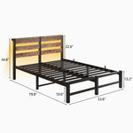 Full SizeMetal Bed Frame with Wooden Headboard, RGB Lights,Charger, Storage Shelf, Noise-Free, No Box Spring Needed,Rustic Brown W840P209896-djyc