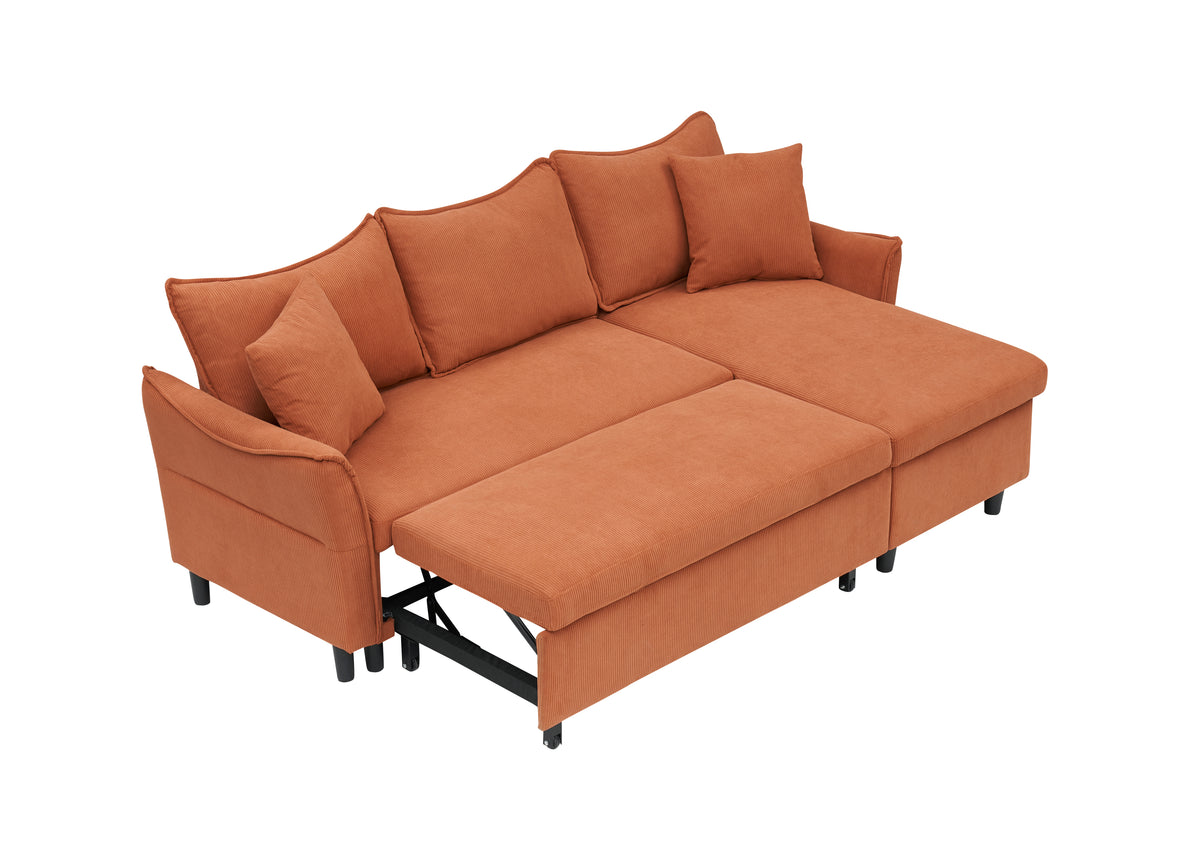 This 80-inch orange corduroy L-shaped sofa comes with two small throw pillows that can be converted into a sofa bed for storage W1278S00026-djyc
