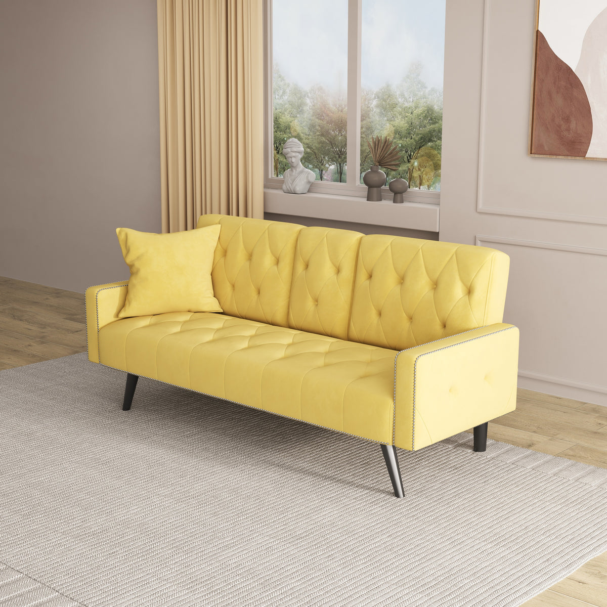 Compact Yellow Velvet Sofa Bed with Nailhead Trim Armrests & Dual Cup Holders - Perfect for Small Spaces, 72-Inch Length W1278P172941-djyc