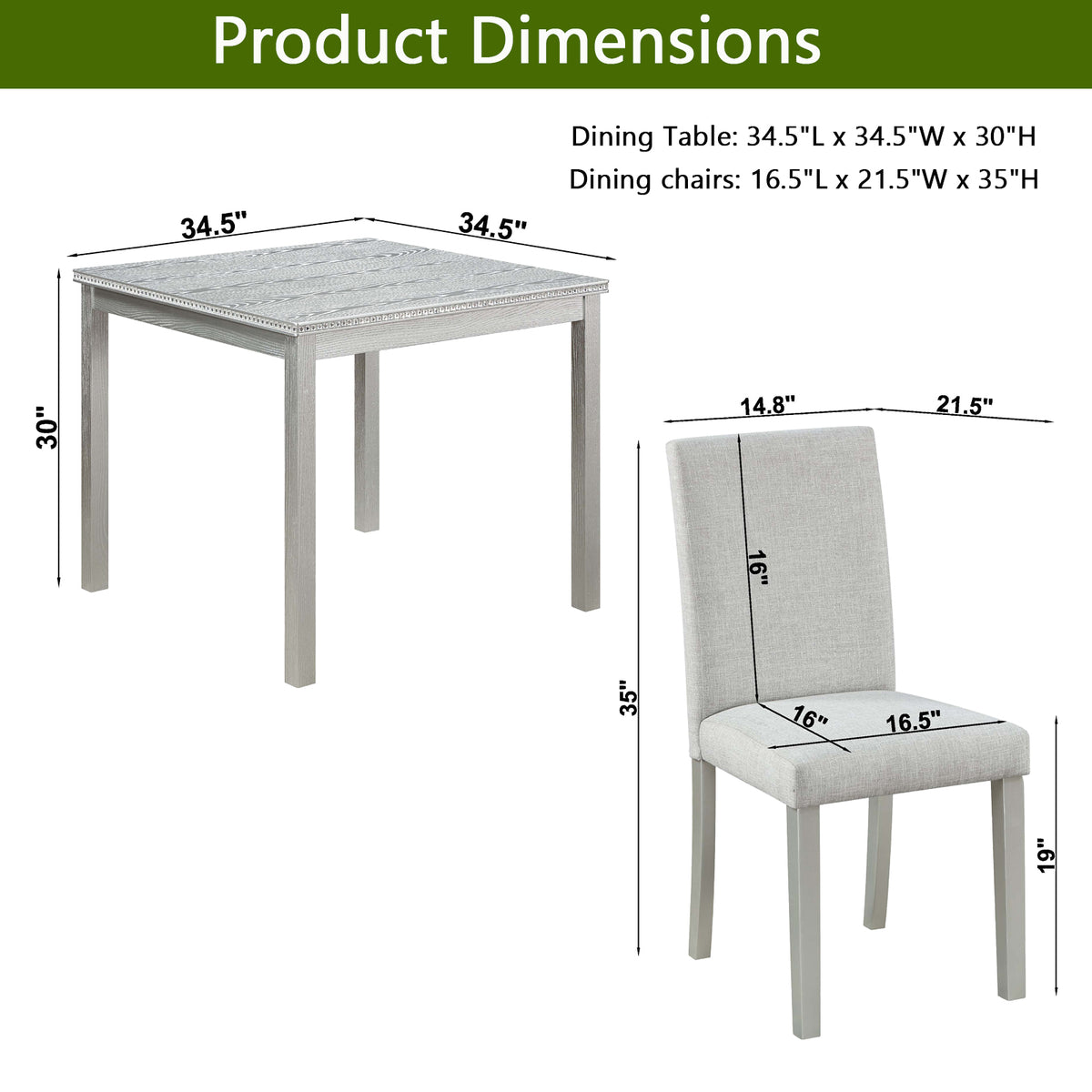 5 Piece Wooden Dining Table Set, Kitchen Table Set with a Square Table and 4 Upholstered Chairs, Wooden Dining Room Table with Crystal Decoration and Chairs Set for Kitchen, Dining Room, Silver grey W1998S00042-djyc