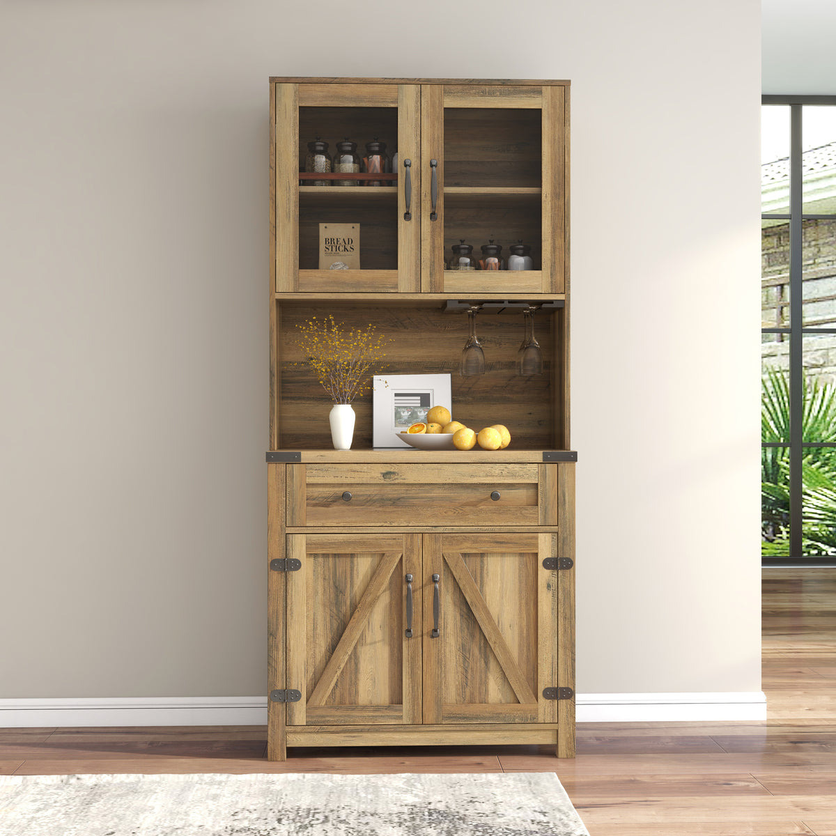Modern Farmhouse Double Barn Door Accent Bar Cabinet with Goblet Holder, Yellow Walnut W881S00005-djyc