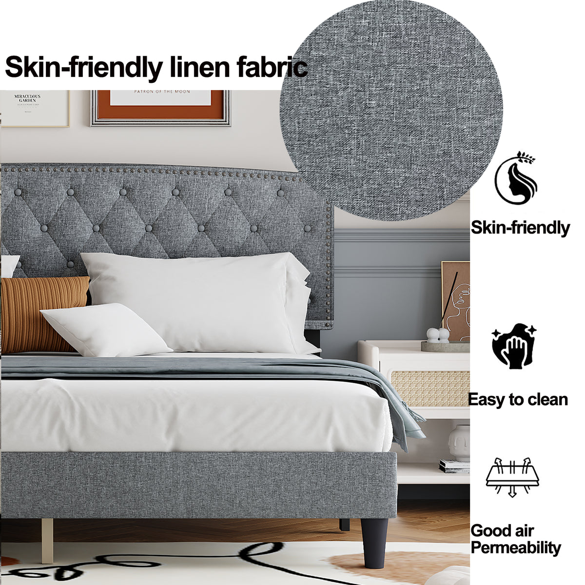 King size Adjustable Headboard with Fine Linen Upholstery and Button Tufting for Bedroom,Wave TopLIGHT GREY W1793140473-djyc