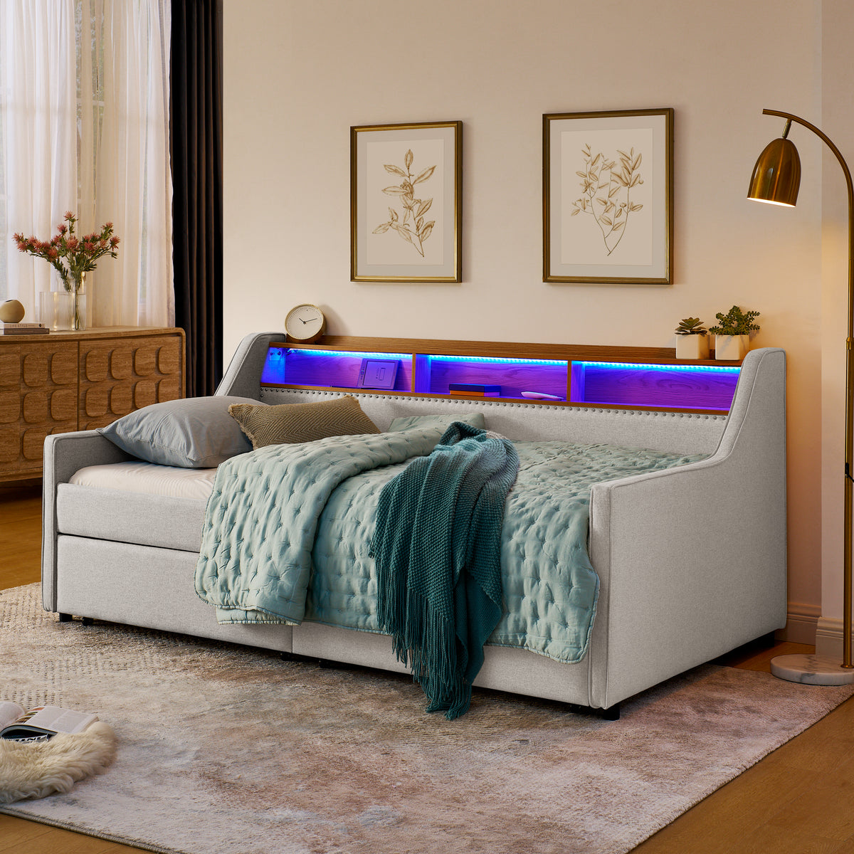 Twin Size Upholstery Sofa Bed with Three LED lights, with Storage Adjustable Headboard, with Two Storage Pull Up drawers and Wireless Charging, Linen Padded Sofa Bed frame, Beige W1413S00056-djyc
