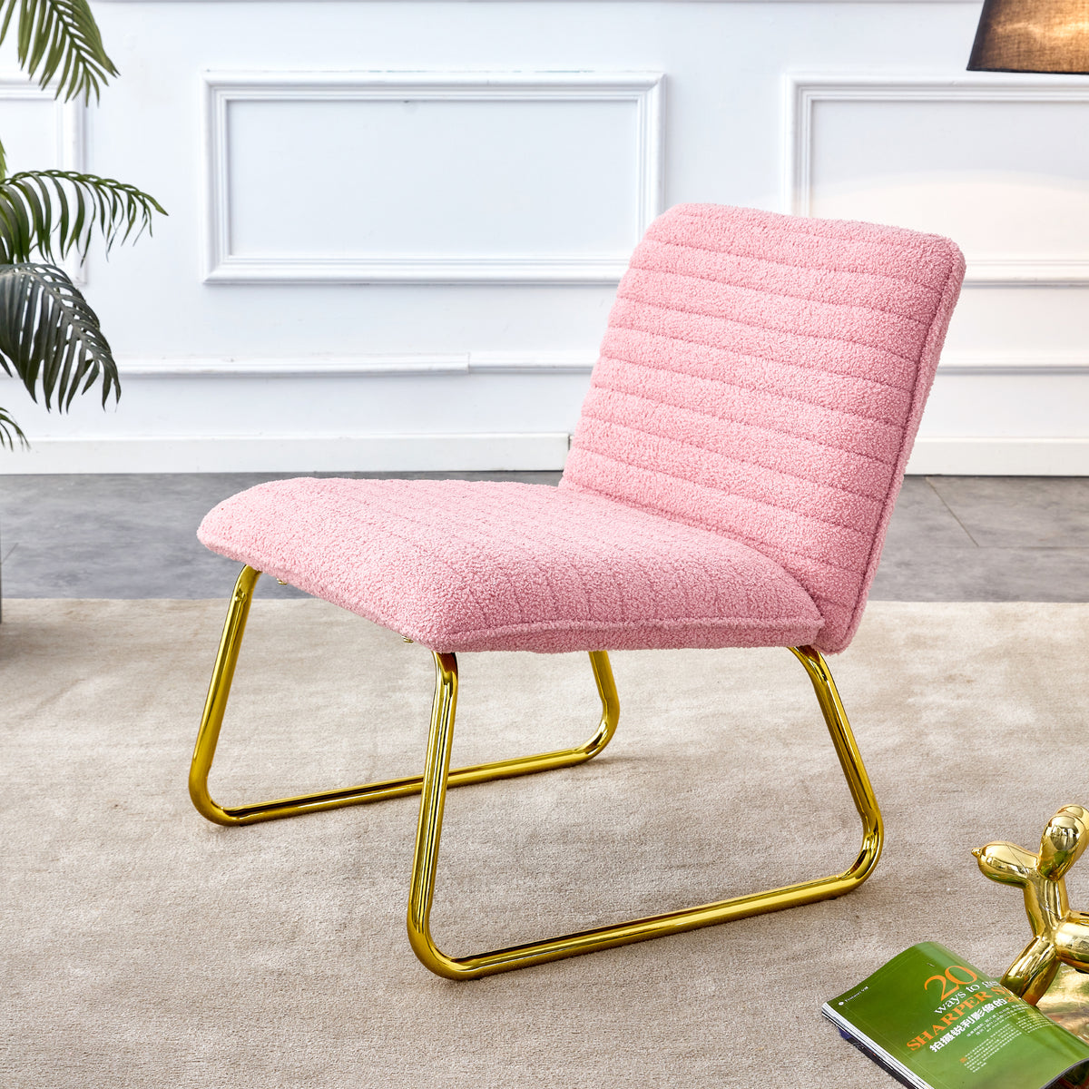 Modern minimalist pink plush fabric single person sofa chair with golden metal legs. Suitable for living room, bedroom, club, comfortable cushioned single person leisure sofa W1151121292-djyc
