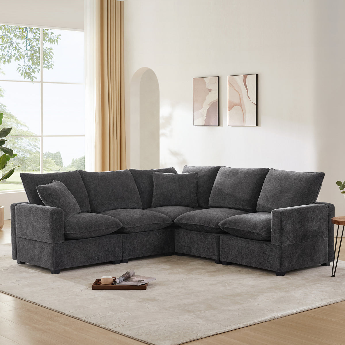 86*86' Modern L Shape Modular Sofa, 5 Seat Chenille Sectional Couch Set with 2 Pillows Included, Freely Combinable Indoor Funiture for Living Room, Apartment, Office, 2 Colors GS009017AAB-djyc