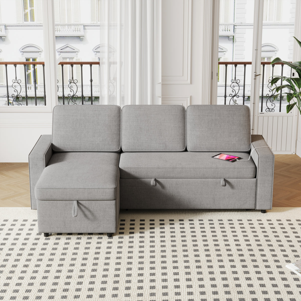 85.8" Pull Out Sleeper Sofa L-Shaped Couch Convertible Sofa Bed with Storage Chaise And Storage Racks,With USB Port And T-pyce Port W834S00268-djyc