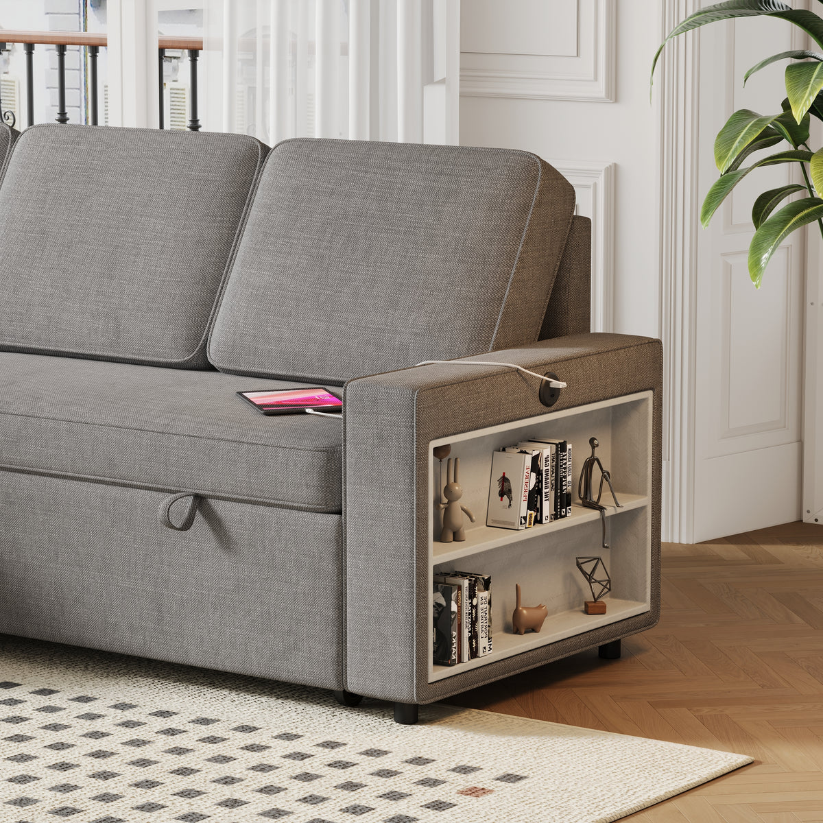 85.8" Pull Out Sleeper Sofa L-Shaped Couch Convertible Sofa Bed with Storage Chaise And Storage Racks,With USB Port And T-pyce Port W834S00268-djyc