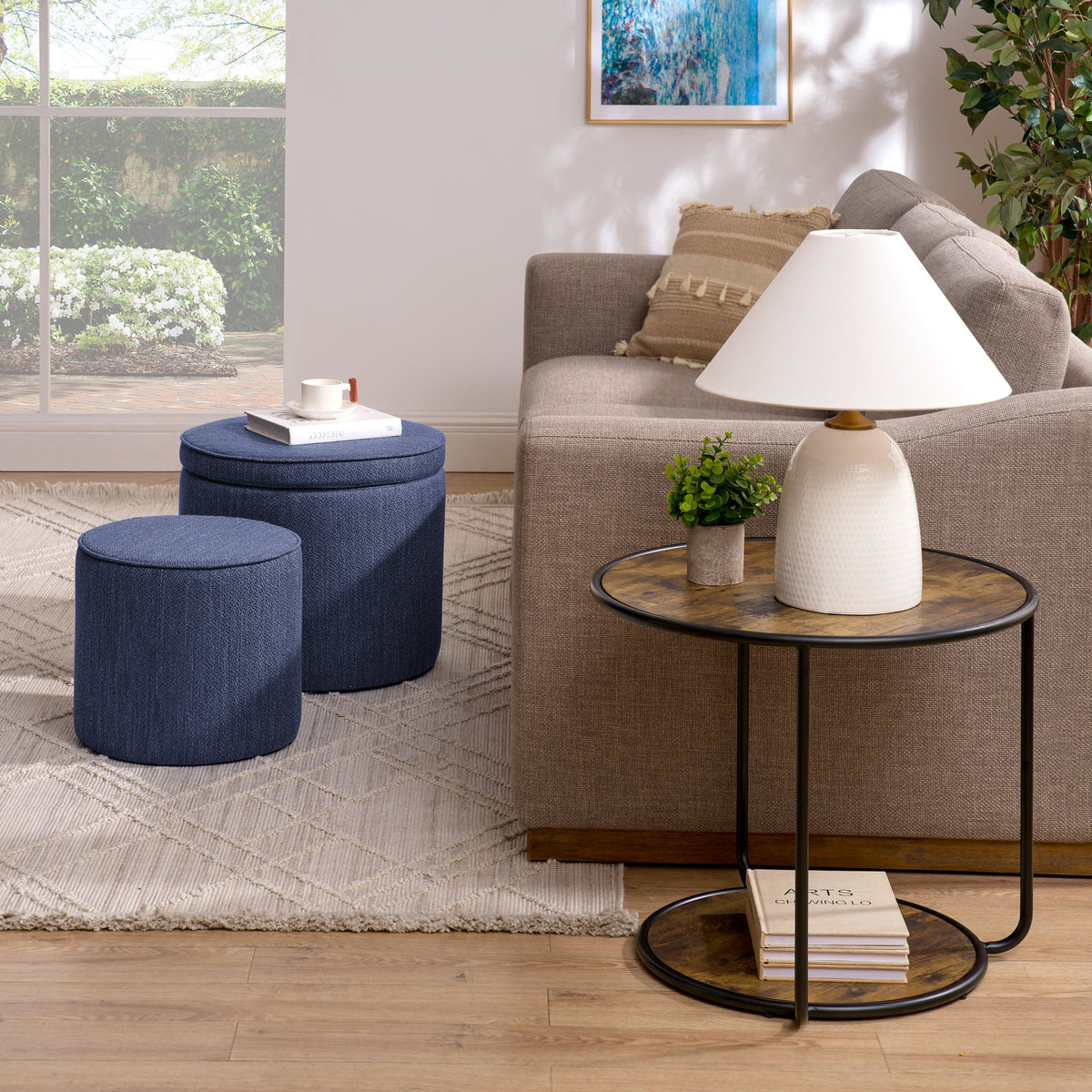 Ottoman, multi-functional combination set table Ottoman, combination of Ottoman and table, with drum stool, with storage space-Dark Blue W487P243608-djyc
