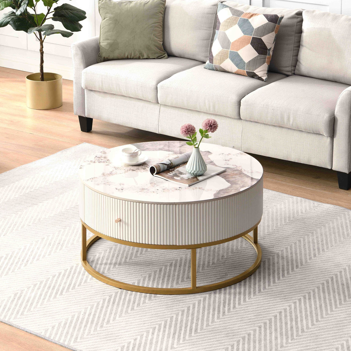 31.5 Inch Modern Round Coffee Table with Drawers, Marble Table with Storage, Coffee Table for Living Room W821P184399-djyc
