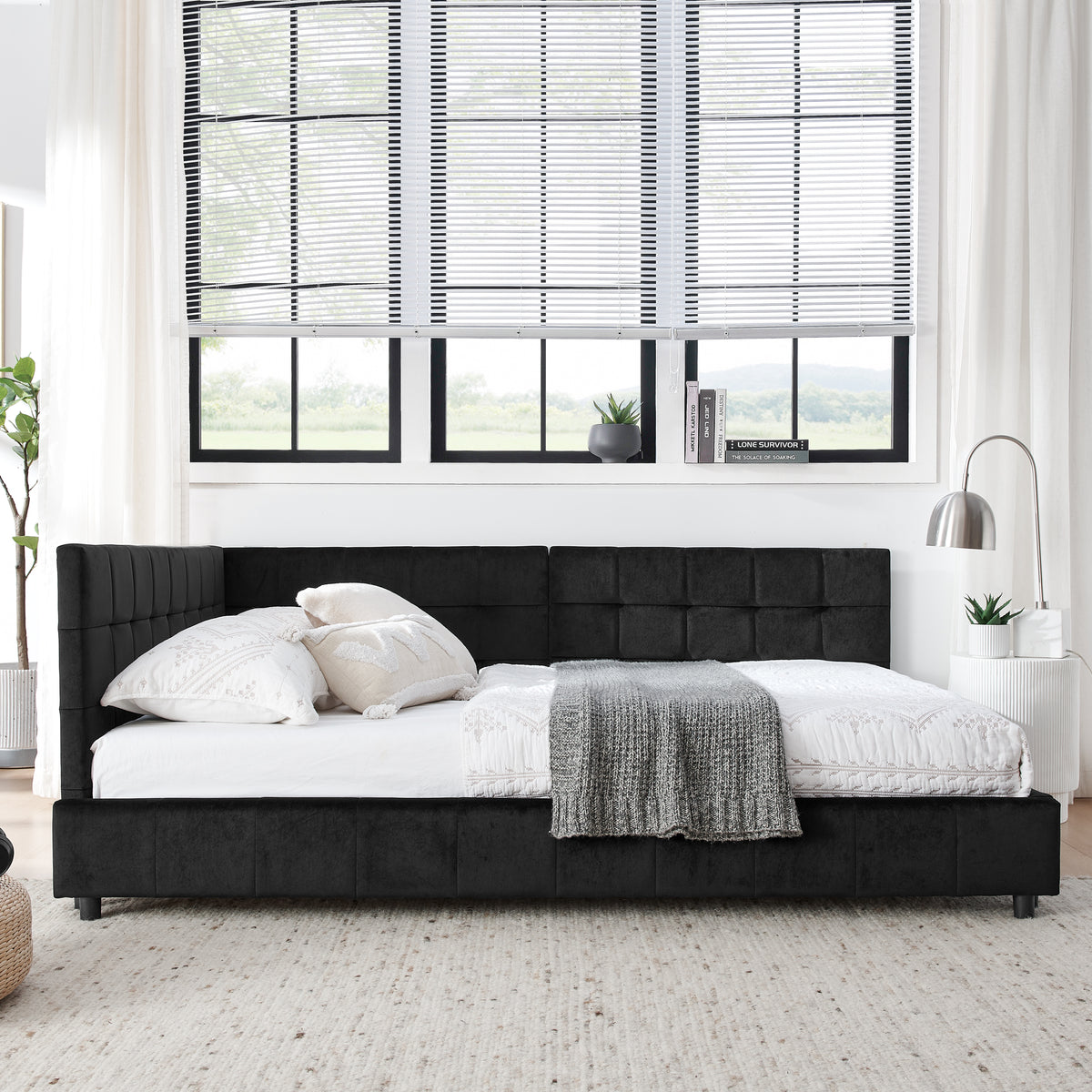 Full Size Upholstered TuftedBed Frame, Sofa Bed Frame with Comfortable Backrest and Armrests, Full Size Bed for Bedroom, Living Room,Velvet, Black(80.5''*59''*30.5'') W487S00222-djyc