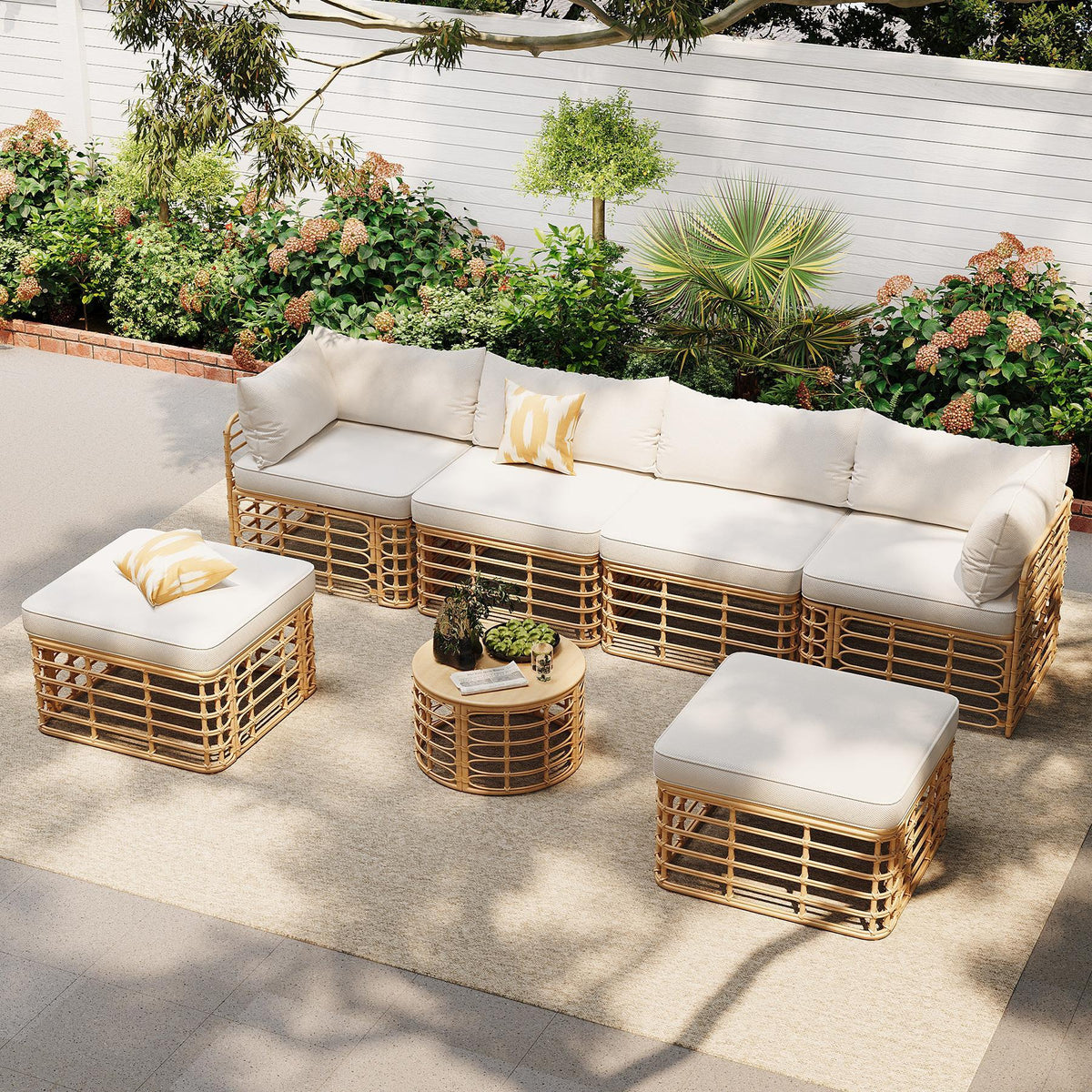 GO 7 Pieces Outdoor Patio Furniture, All-Weather Rattan Sectional Sofa Set with Thick Cushions and Pillows, Freely Combined Conversation Sets for Garden, Backyard, Balcony, Beige FG201233AAA-djyc