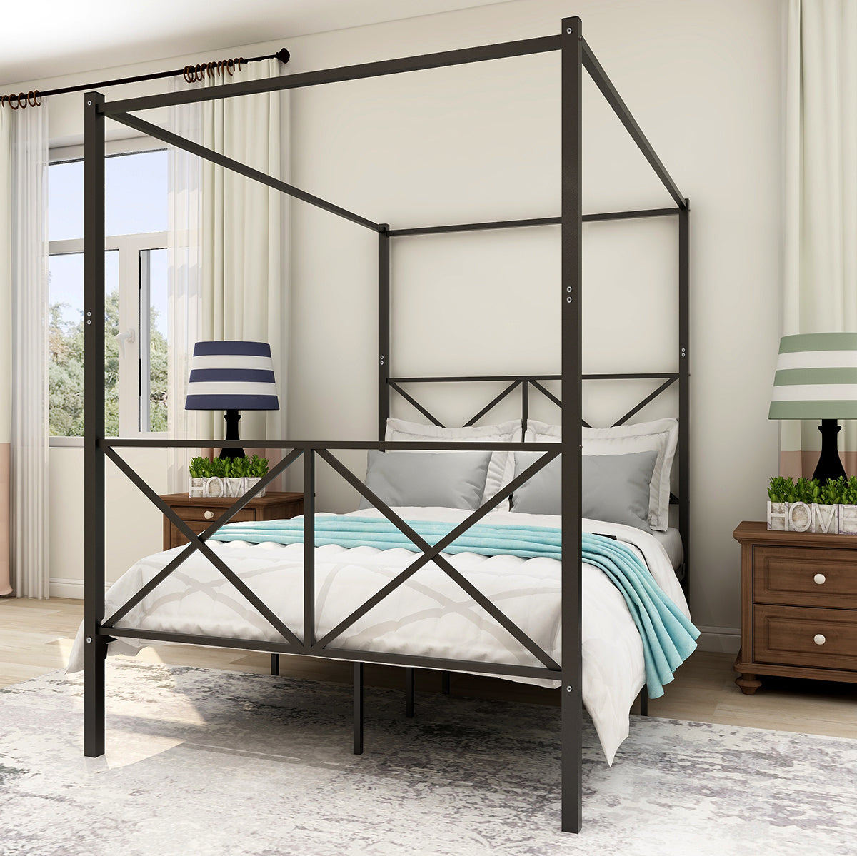 Metal Canopy Bed Frame, Platform Bed Framewith X Shaped Frame Full Black W84041891-djyc