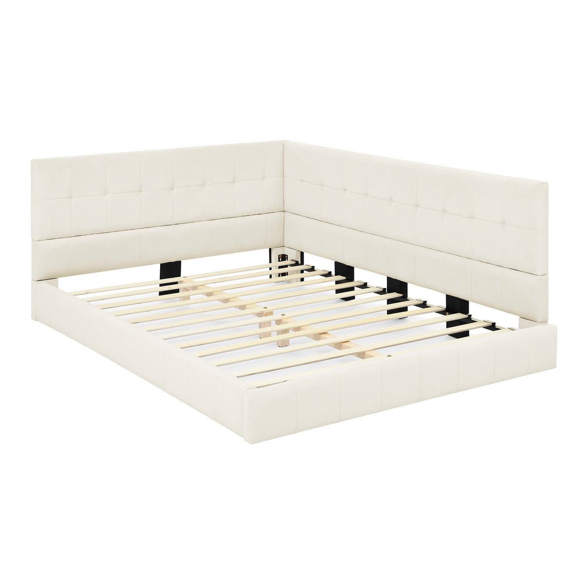 Full Size Upholstered Tufted Bed Frame, Sofa Bed Frame with Comfortable Backrest and Armrests, Full Size Bed for Bedroom, Living Room,Velvet, Beige(80.5''*59''*30.5'') W487S00223-djyc