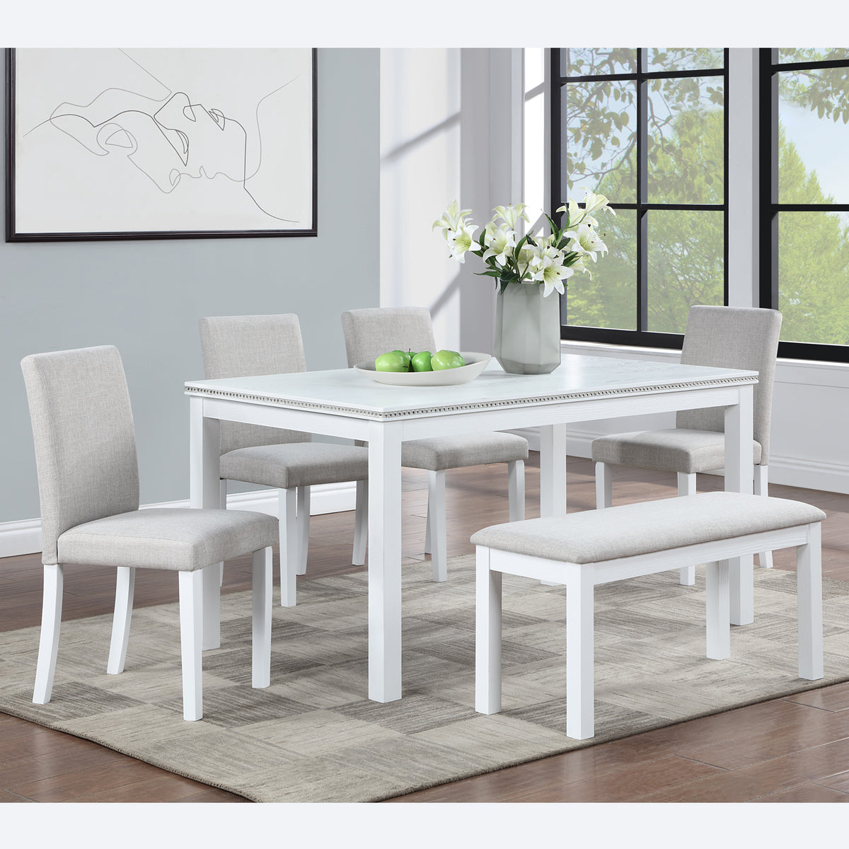 Wooden Dining Rectangular Table with Bench, Kitchen Table with Bench for Small Space, 6 Person Dining Table, White W1998S00046-djyc