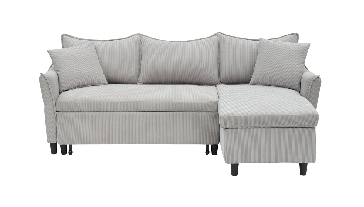 This 80-inch gray corduroy L-shaped sofa comes with two small throw pillows that can be converted into a sofa bed for storage W1278S00027-djyc