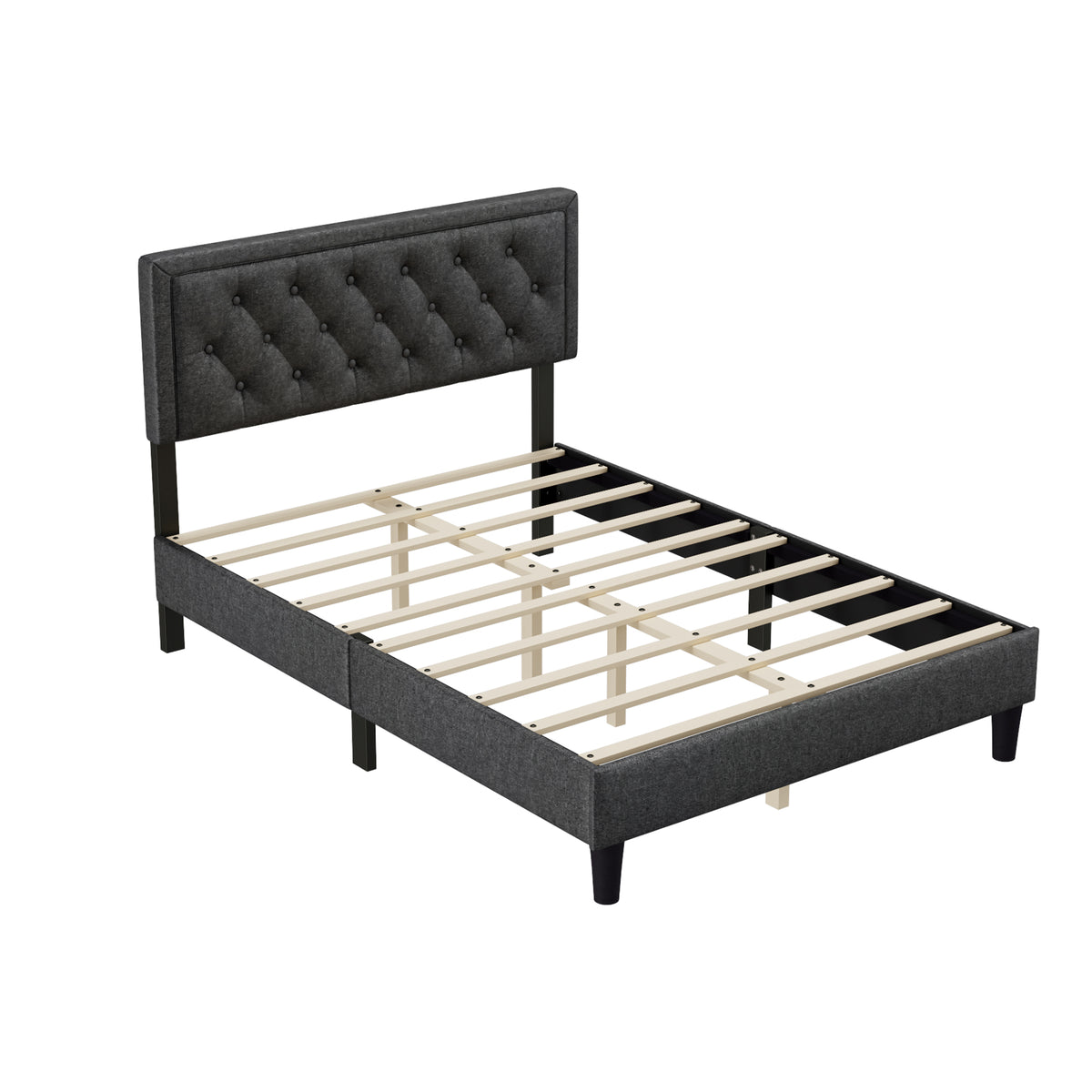 Full size Panel Bed Frame with Adjustable Button-Tufted Headboard for Bedroom/Linen Upholstered/Wood Slat Support/Easy Assembly,Dark Grey W1793140494-djyc