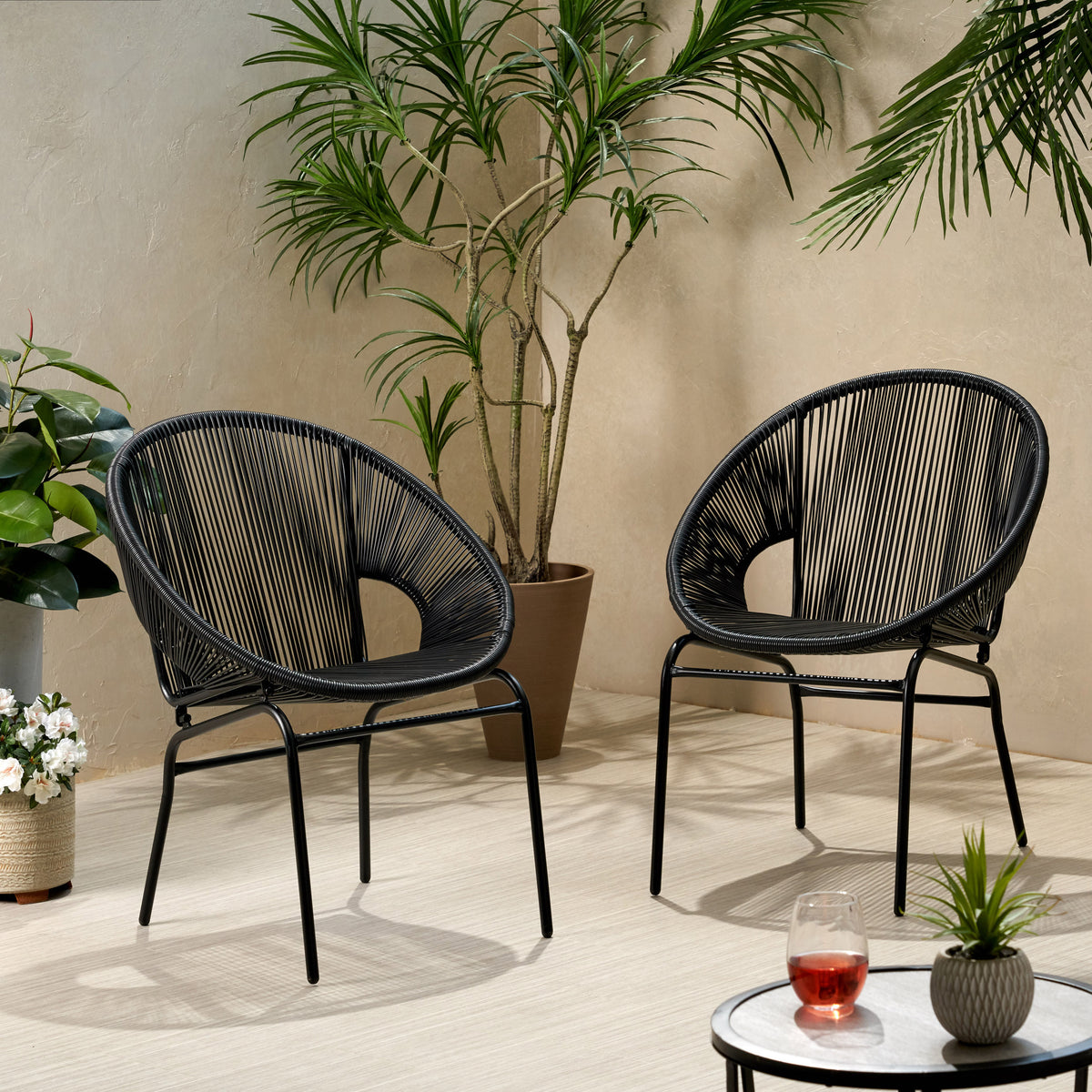Modern Woven Rattan Outdoor Chair Set – Sleek Design, Iron Frame, Durable, Easy Assembly 66626.00BLK-djyc