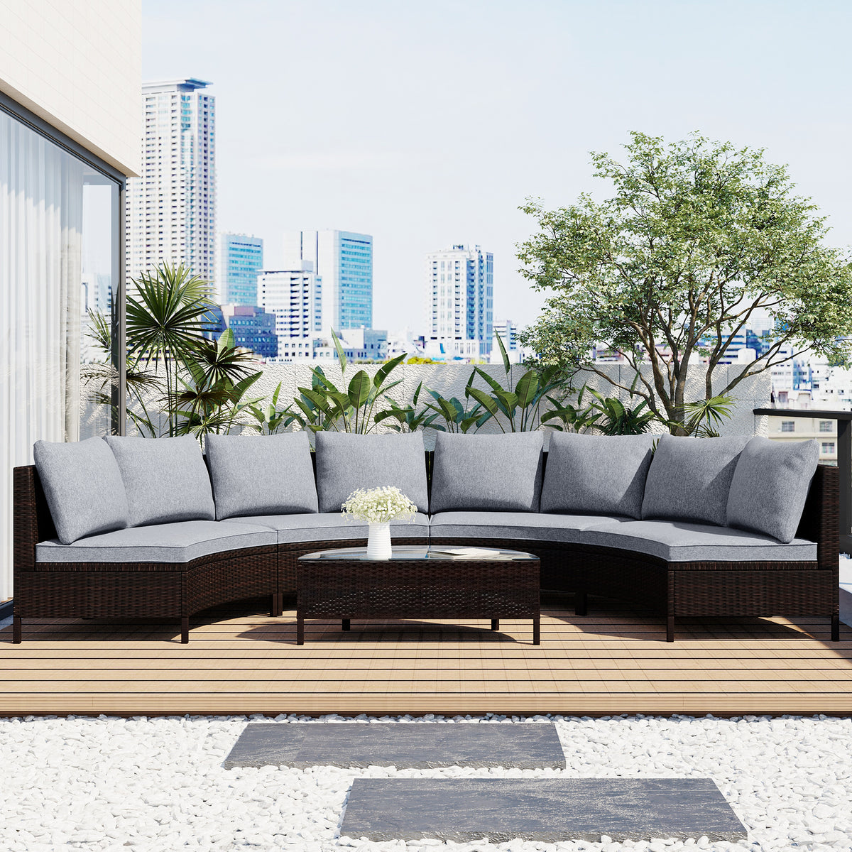TOPMAX 5 Pieces All-Weather Brown PE Rattan Wicker Sofa Set Outdoor Patio Sectional Furniture Set Half-Moon Sofa Set with Tempered Glass Table, Gray SP100149AAE-djyc
