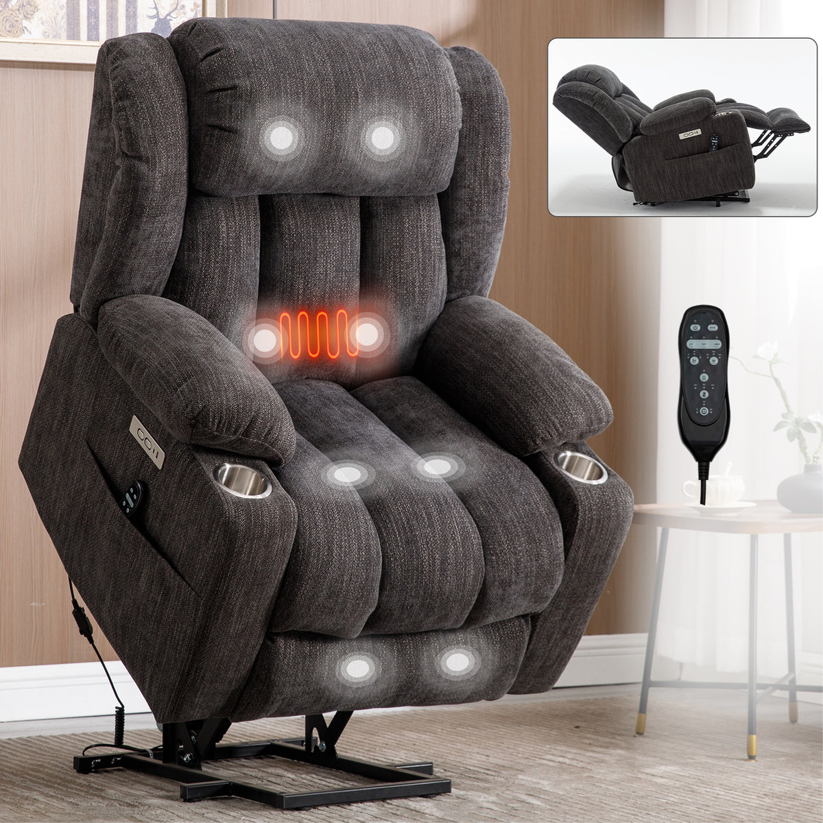 Up to 350 LBS Chenille Power Lift Recliner Chair, Heavy Duty Motion Mechanism with 8-Point Vibration Massage and Lumbar Heating, USB and Type-C Ports, Stainless Steel Cup Holders, Grey W1803S00046-djyc