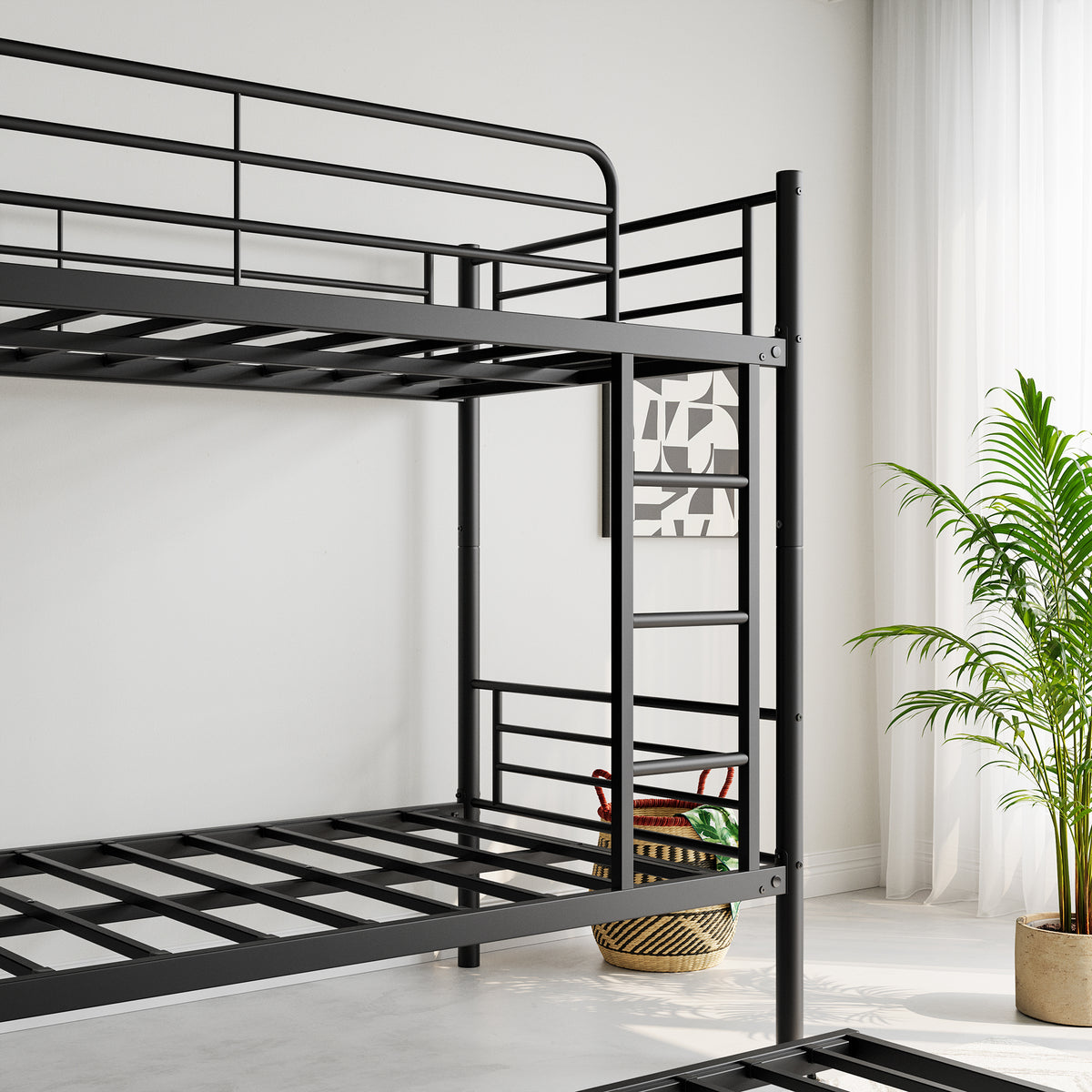 Twin Bunk Bed with Trundle Metal Bunkbeds with Ladder and Full-Length Guardrail, Noise Free, No Box Spring Needed, Black W840P196829-djyc