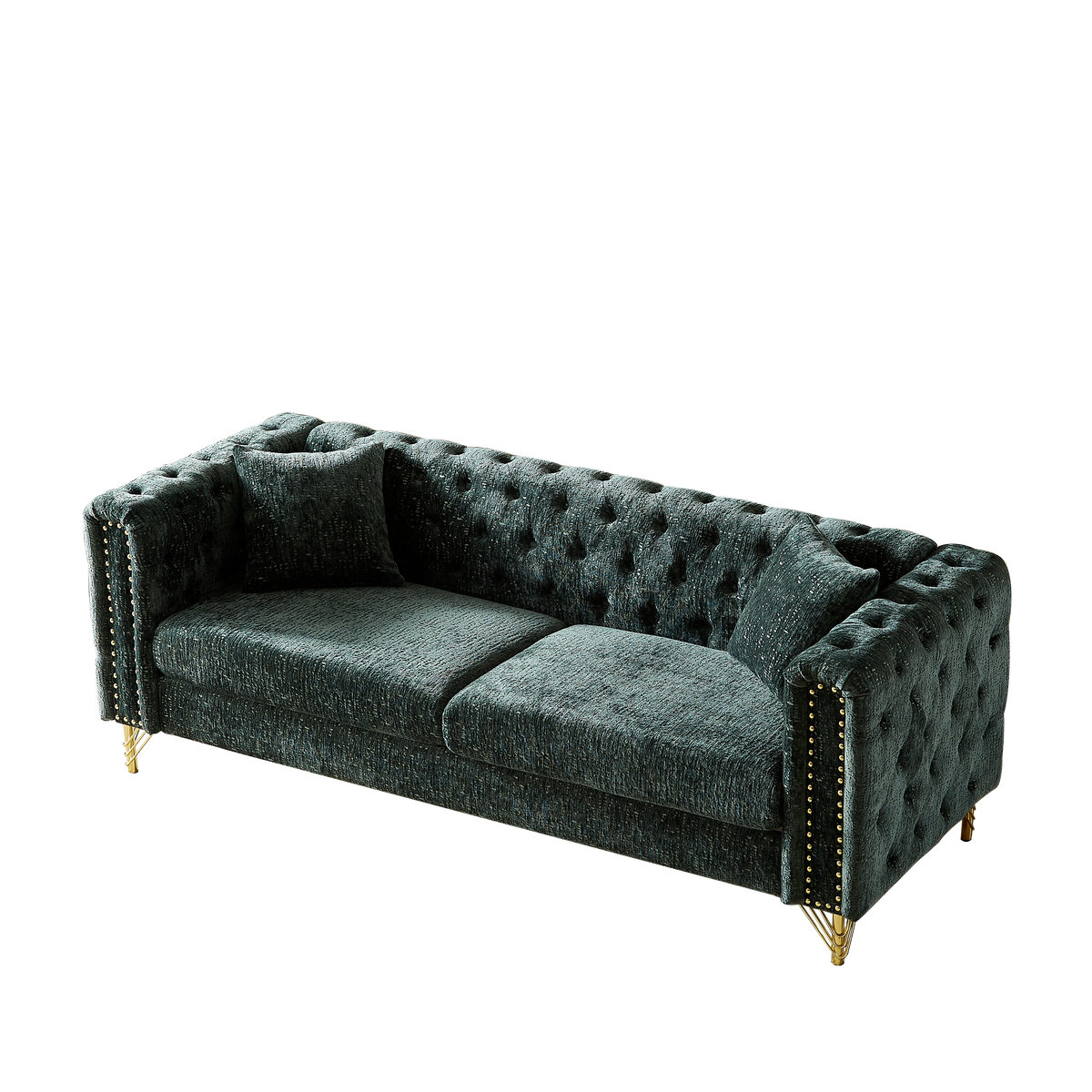 82-Inch Chenille Pull Buckle Design Sofa for Living Room,Buttons Tufted With Copper Nail Decoration Armrest, Modern Couch Upholstered Button And Metal Legs W834S00294-djyc