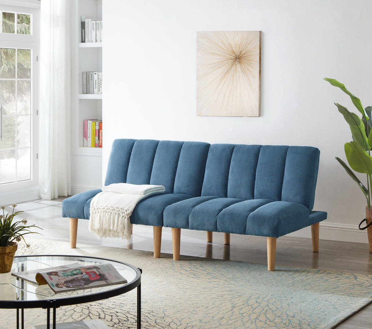 Corduroy fabric, wooden legs convertible sofa bed (Color:Blue) W1669P156117-djyc