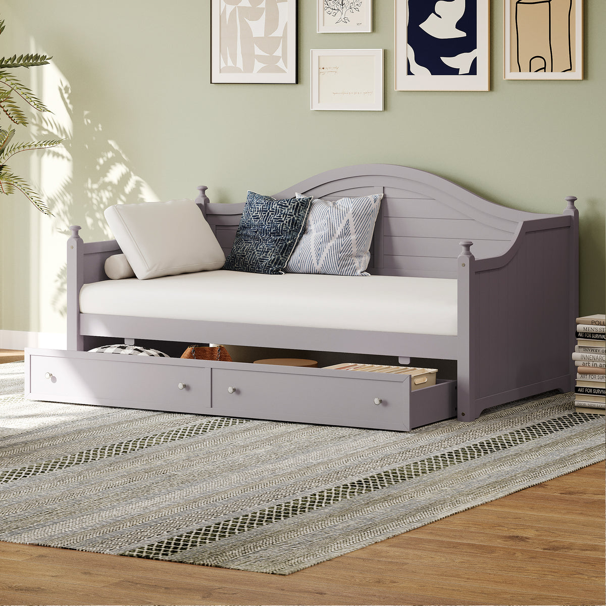 Twin Size Wood Daybed with 2 Storage Drawers ,Wooden Sofa Bed with Handrail for Living Room Bedroom, Light Grey BS701P210915E-djyc
