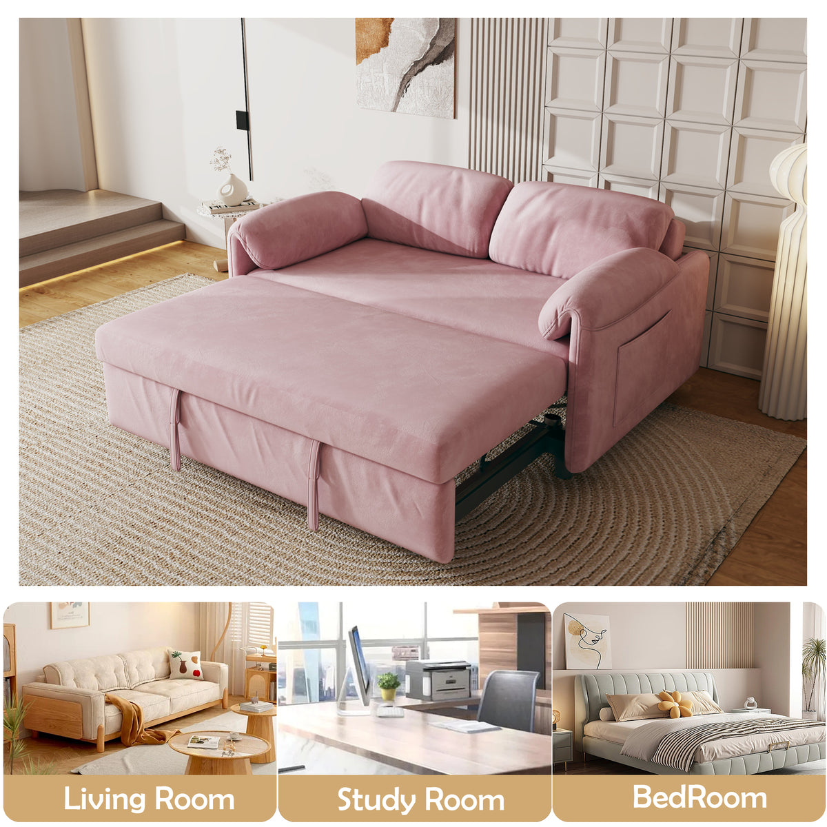 Sofa at the Forefront: 54-inch Velvet Pink Sofa Bed for Multi-purpose Living Spaces, Featuring a Retractable Bed W1278127956-djyc