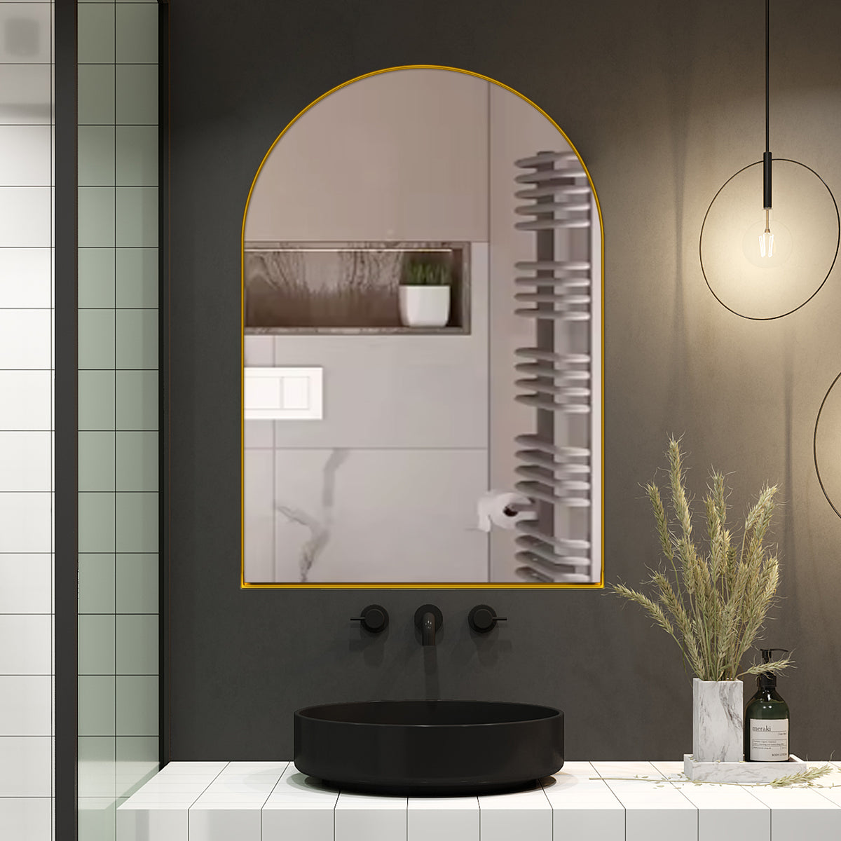 24x36 Inch Arched Recessed Medicine Cabinet, Metal Framed Bathroom Wall Cabinet with Mirror and Adjustable Shelves, Wall Mirror with Storage for Bathroom, Matte Gold W1435P182923-djyc