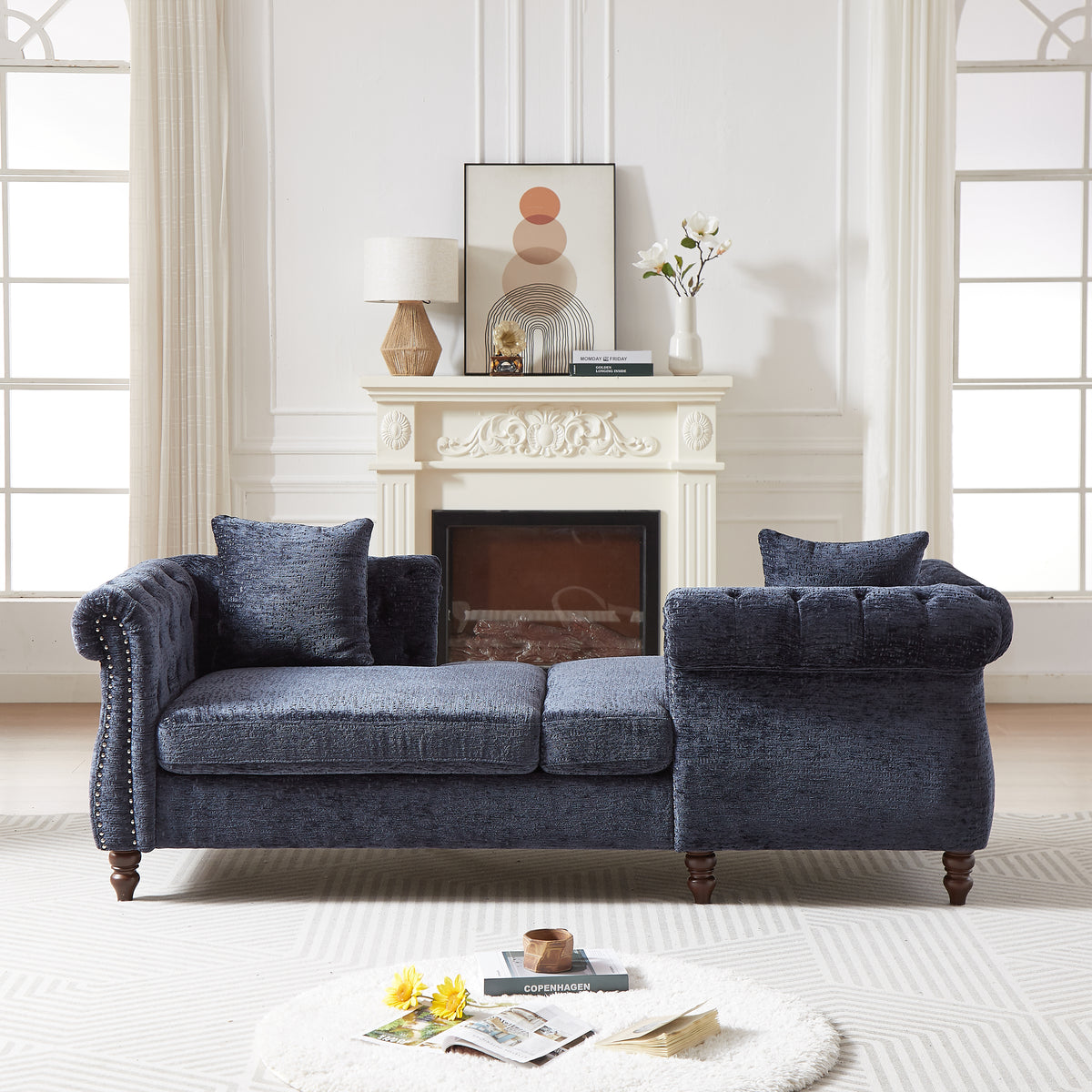 81-inch Chenille Face-to-face Chaise Lounge with Two Pillows,Nailhead trim,Button Tufted Design and Rolled Arms for Lounge, Living room and Office W834S00317-djyc