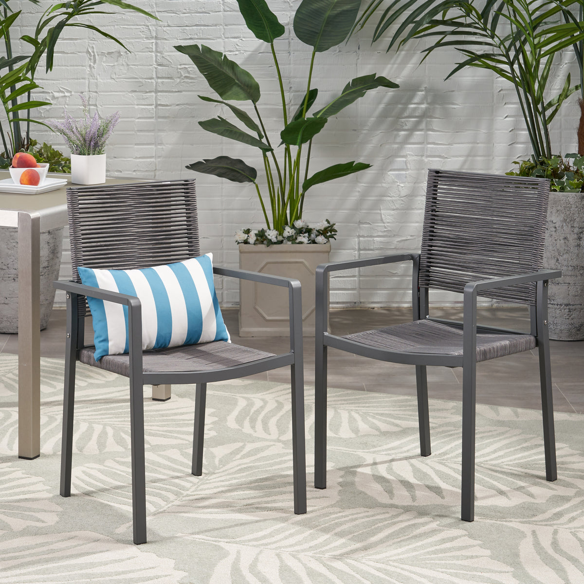 Outdoor Modern Aluminum Dining Chair with Rope Seat (Set of 2), Gray and Dark Gray 70660.00DGRY-djyc