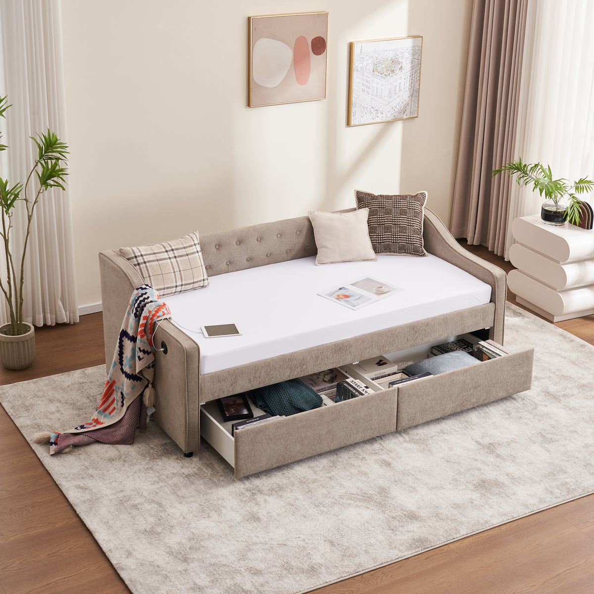 Twin Size Upholstered Daybed with Storage Drawers, Solid Wood Sofábed Bed Frame with Velvet Fabric & Wood Slat Support for Bedroom, Living Room, Office,Light Grey W1361S00027-djyc