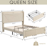 Queen Size Bed Frame with 2 Storage Drawers, Upholstered Bed Frame with Wingback Headboard Storage Shelf Built-inUSB Charging Stations and Strong Wood Slats Support, No Box Spring Needed, Beige W1916126261-djyc