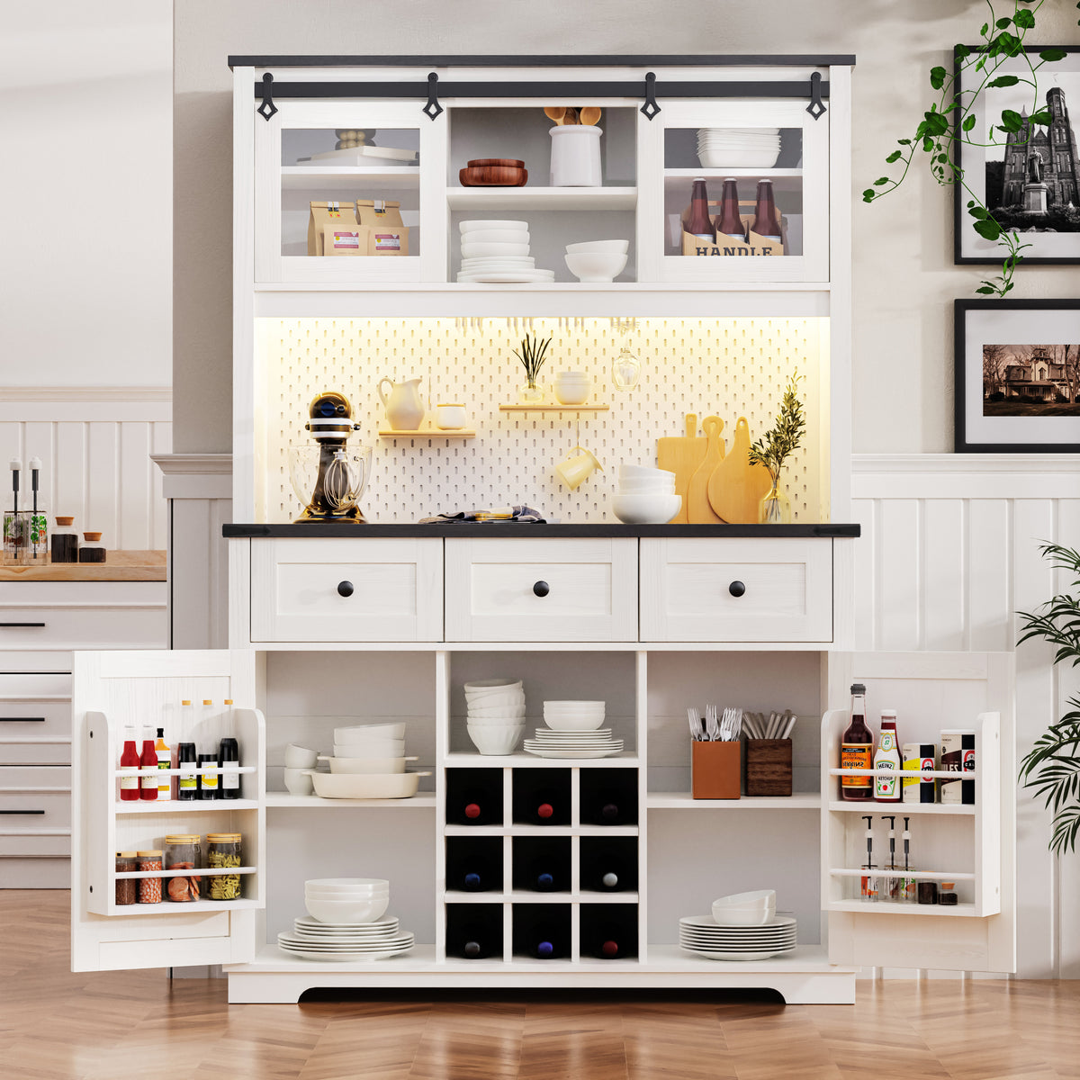 K&K 71" Farmhosue Pantry Bar Cabinet with Internal Storage Rack,Kitchen Cabinet with Hutch,Sliding Door,Power Outlet,Pegboard,Wine & Glasses Rack,3 Drawers,Rustic Coffee Bar Storage Cabinet,White Oak N707S000008W-djyc