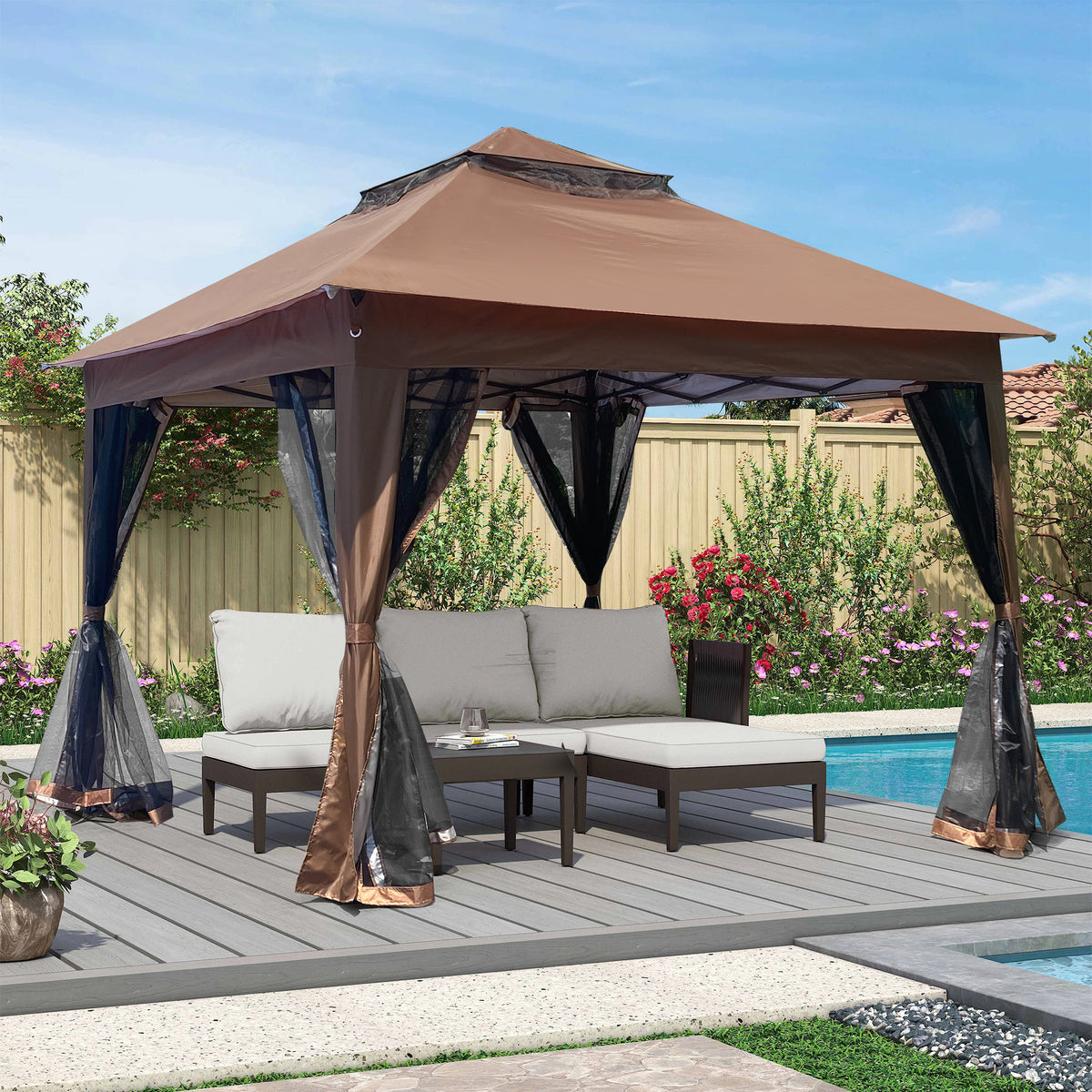 Outdoor 11x 11Ft Pop Up Gazebo Canopy With Removable Zipper Netting,2-Tier Soft Top Event Tent,Suitable For Patio Backyard Garden Camping Area with 4 Sandbags,Brown W419104362-djyc