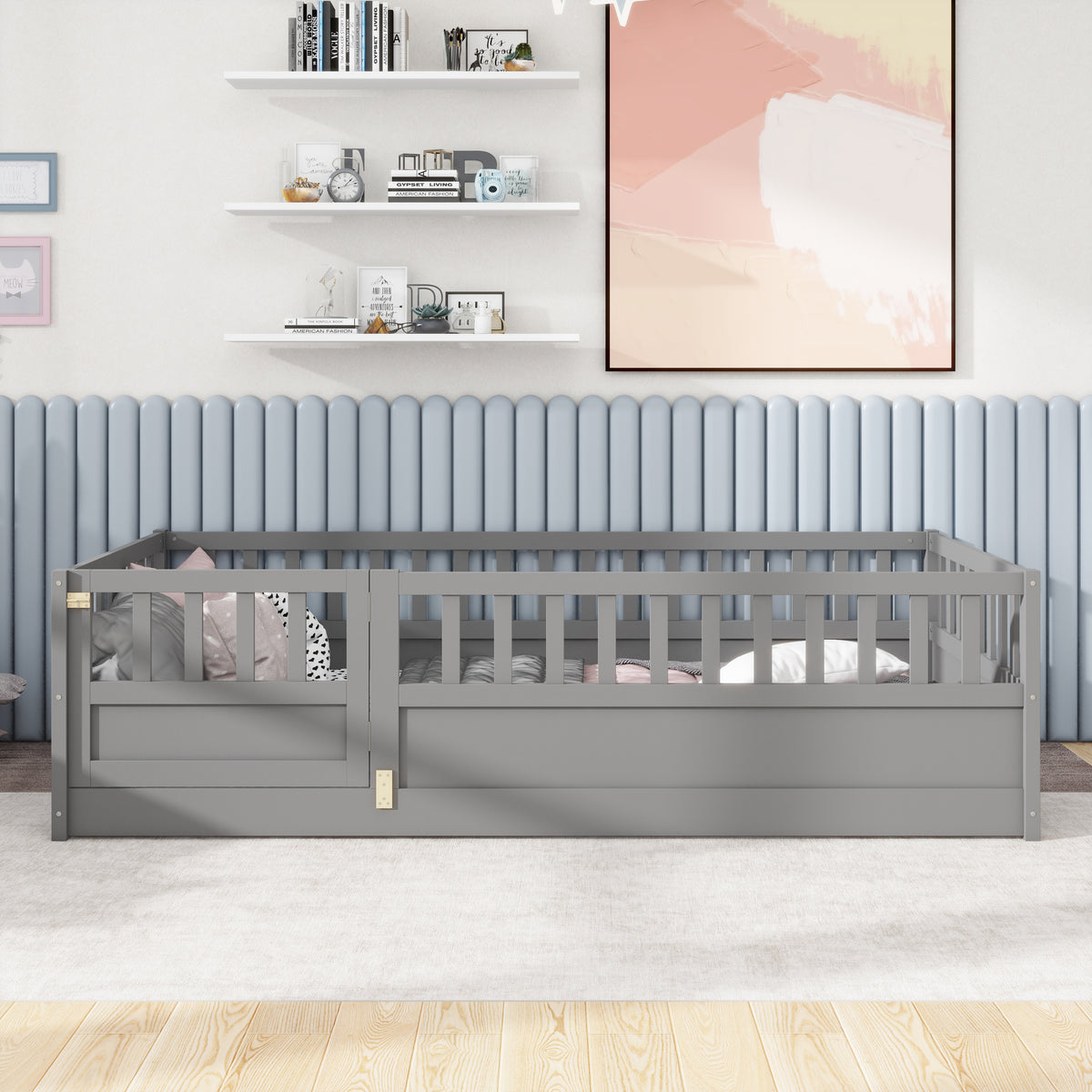Twin Size Floor bed, integral construction with super high security barrier, door, children's floor bed frame, Montessori wooden children's floor bed,Grey W1858P164928-djyc