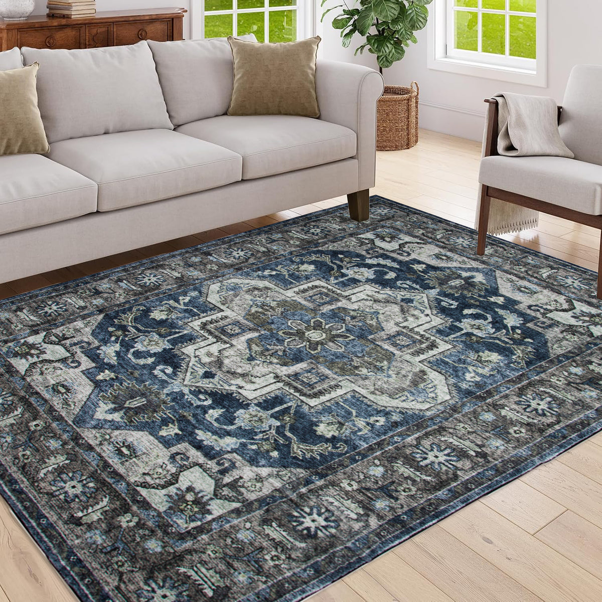 Area Rug 5x7 Vintage Bohemia Non-slip Washable Rug For Living Room Kitchen Bedroom Living Room Flower Design Blue/Brown-W2907P265030