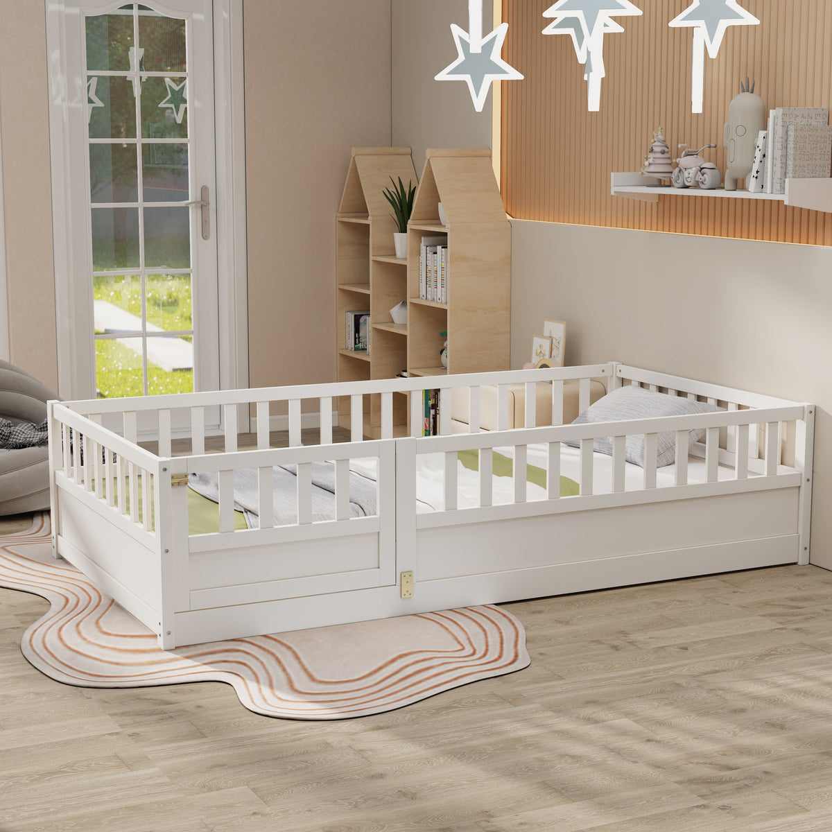 Twin Size Floor bed, integral construction with super high security barrier, door, children's floor bed frame, Montessori wooden children's floor bed, Support slat white W1858P164938-djyc