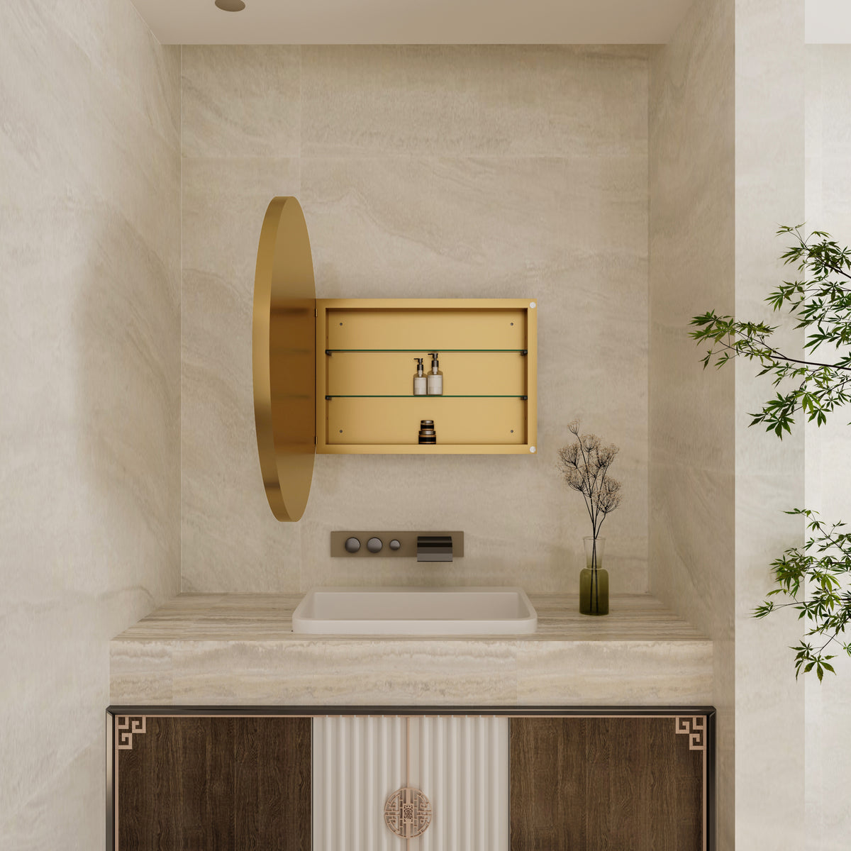 31.5 Inch Surface Mount Round Metal Framed Medicine Cabinet with Mirror and Adjustable Shelves Black Wall Mirror with Storage for Bathroom, Matte Gold W1435P194675-djyc