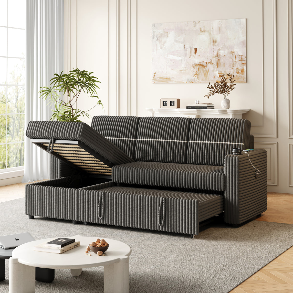 85 Inches Corduroy Sofa Bed, 3 Seater Sleeper Sofa with Storage Chaise, Square Handrail With Two Cup-holder And USB Charge Port, Pull Out Couch for Living Room W834S00270-djyc